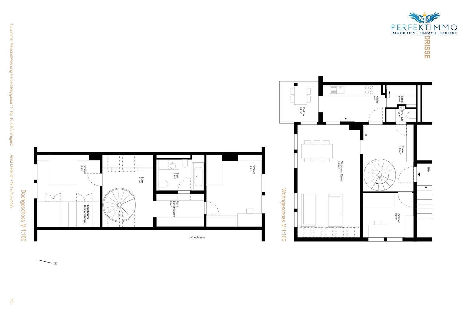 Grundrissdarstellung mit zwei Etagen, Wendeltreppe und Raumaufteilung.