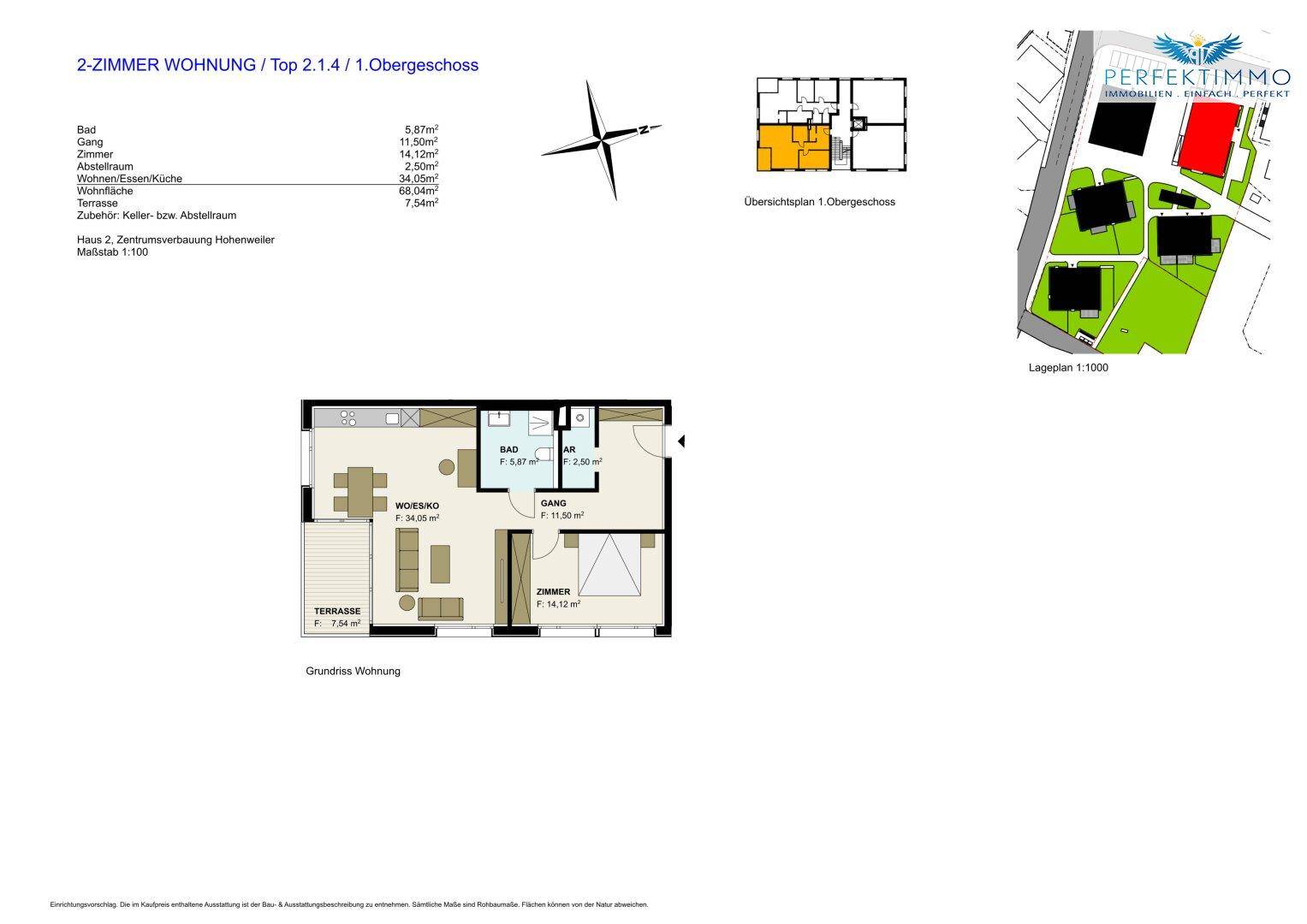 Grundriss einer 2-Zimmer-Wohnung im Obergeschoss mit offener Wohnküche, Bad, separatem WC und Terrasse.