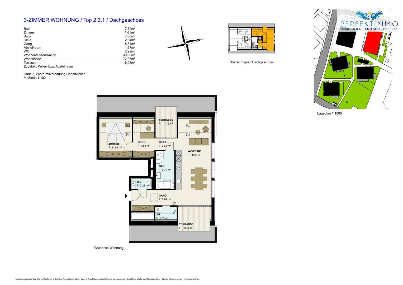 Grundriss einer 3-Zimmer-Wohnung im Dachgeschoss mit zwei Terrassen und offenem Wohnbereich.