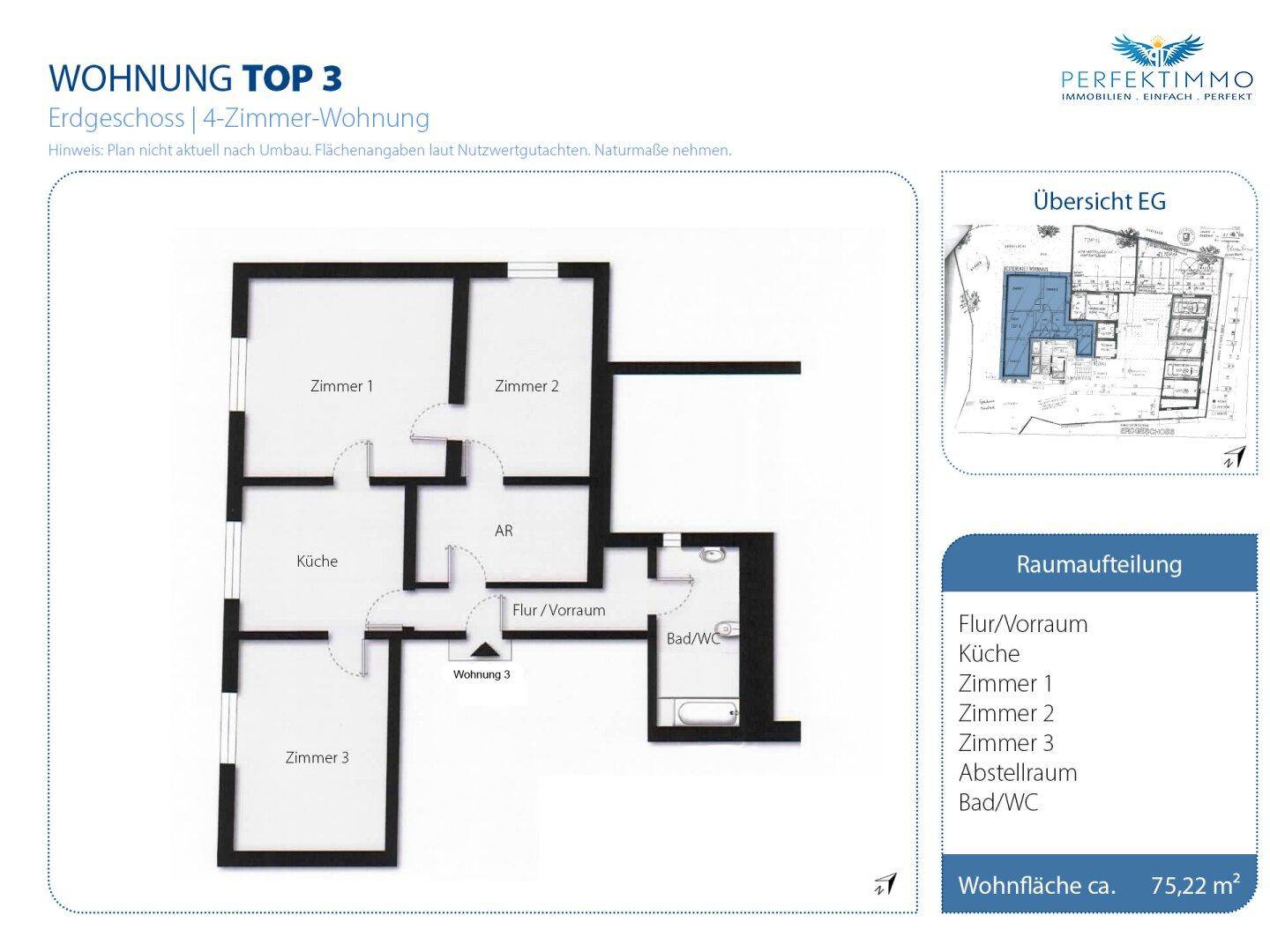 Grundriss der 4-Zimmer-Wohnung Top 3 im Erdgeschoss mit Raumaufteilung und Wohnfläche.