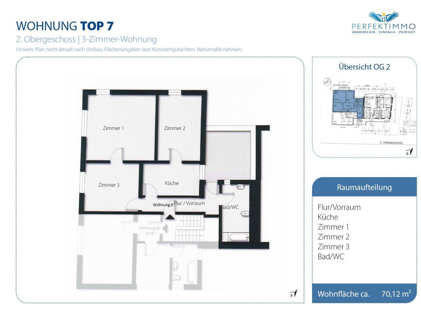 Grundriss der 3-Zimmer-Wohnung Top 7 im 2. Obergeschoss mit Bad/WC und Küche.