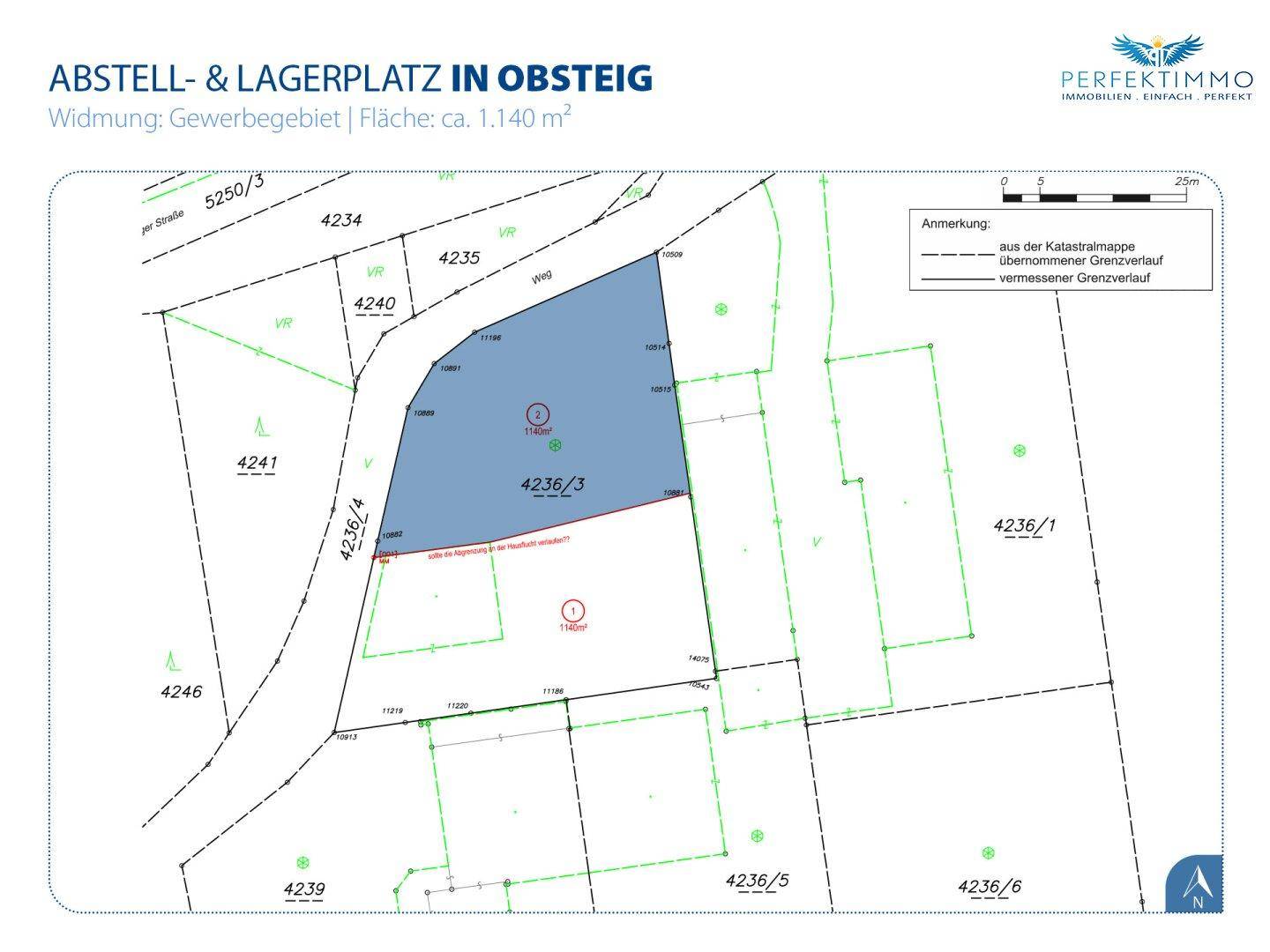 Katasterplan eines Abstell- und Lagerplatzes in Obsteig mit eingezeichneter Grundstücksfläche von 1.140 m².