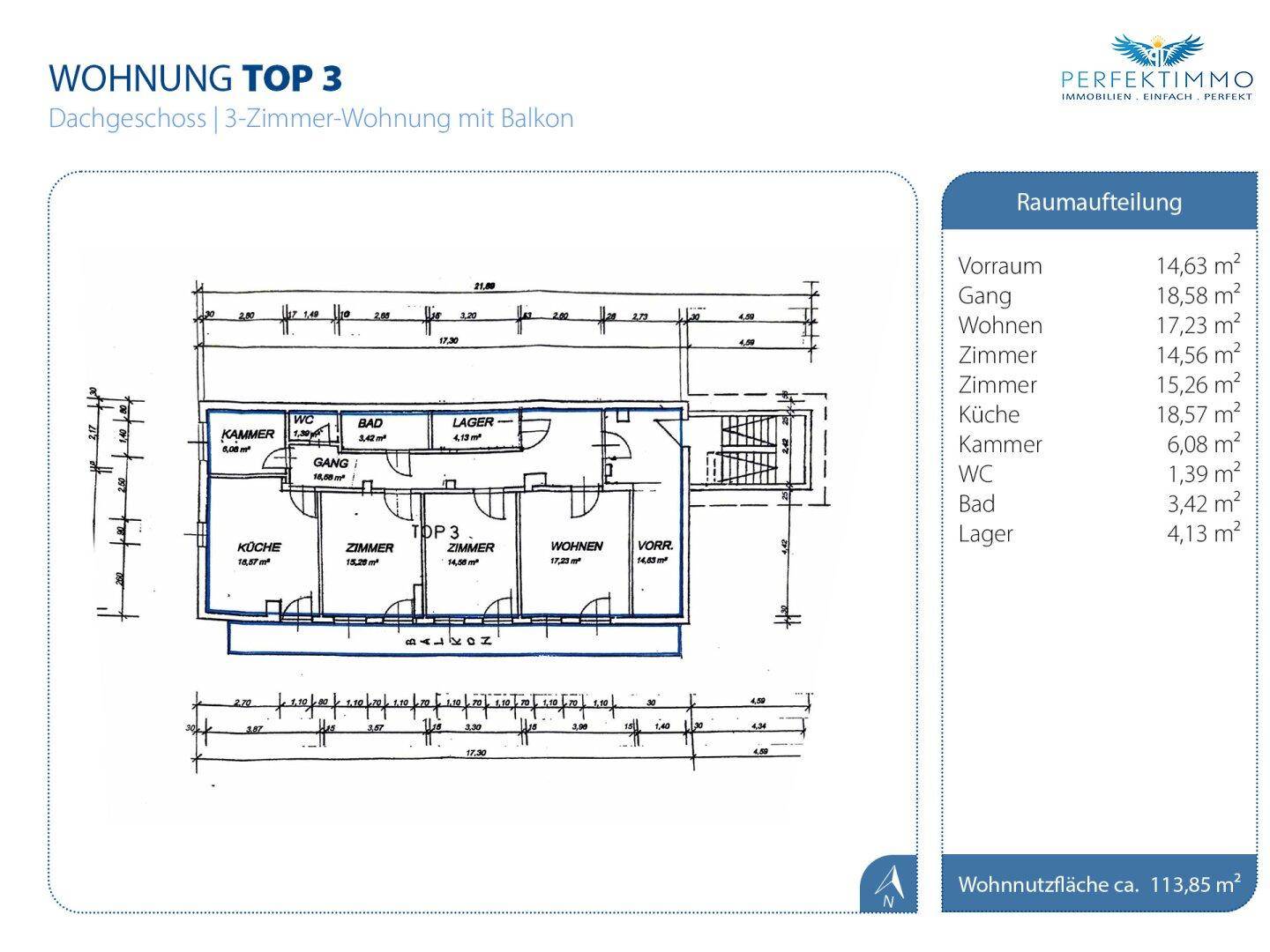 Grundriss der Dachgeschosswohnung Top 3 mit drei Zimmern und Balkon.