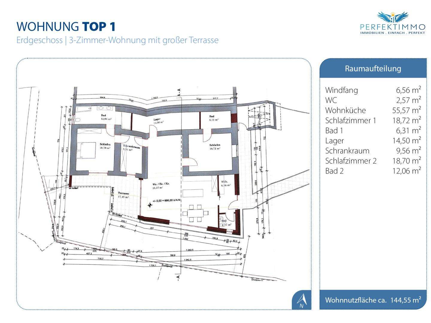 Grundriss der Erdgeschosswohnung Top 1 mit drei Zimmern und großer Terrasse.