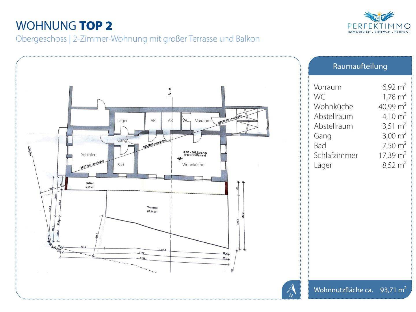 Grundriss der Obergeschosswohnung Top 2 mit zwei Zimmern, Terrasse und Balkon.