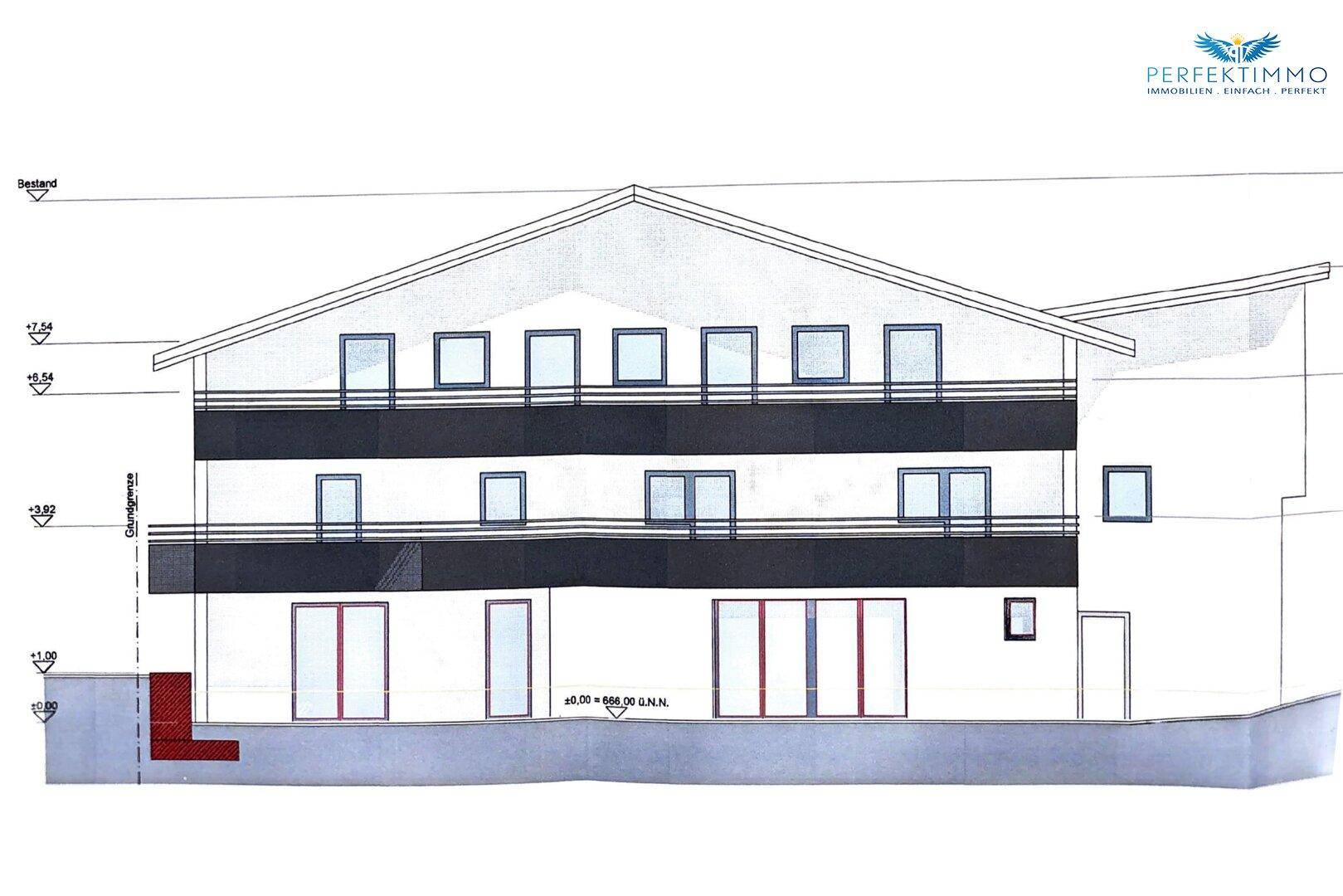 Architektonische Seitenansicht des Gebäudes mit Balkonen und Dachform.