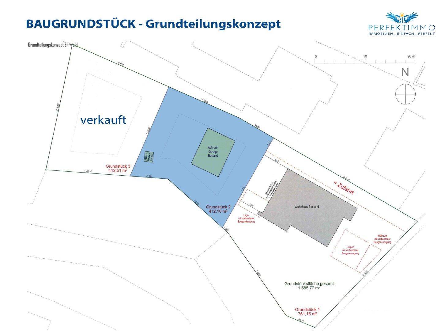 Grundteilungskonzept eines Baugrundstücks mit drei Parzellen, bestehenden Gebäuden und geplanter Zufahrt.