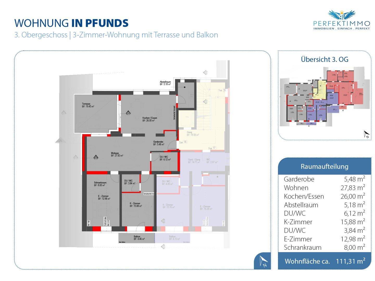 Grundriss einer 3-Zimmer-Wohnung im 3. Obergeschoss mit Terrasse und Balkon.