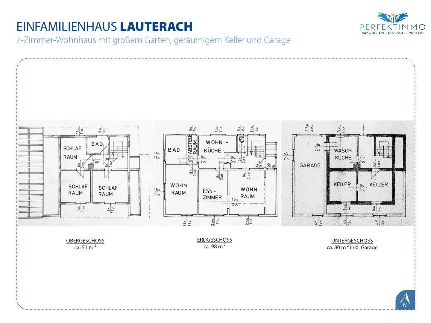 Grundrisspläne für Obergeschoss, Erdgeschoss und Untergeschoss eines Einfamilienhauses.