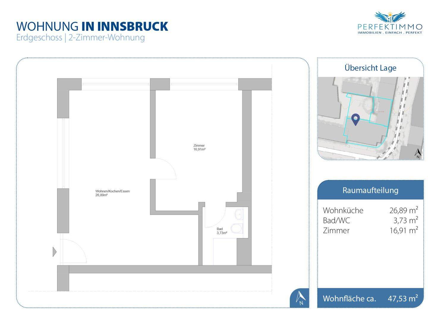 Grundriss einer 2-Zimmer-Wohnung im Erdgeschoss mit offener Wohnküche und Balkon.