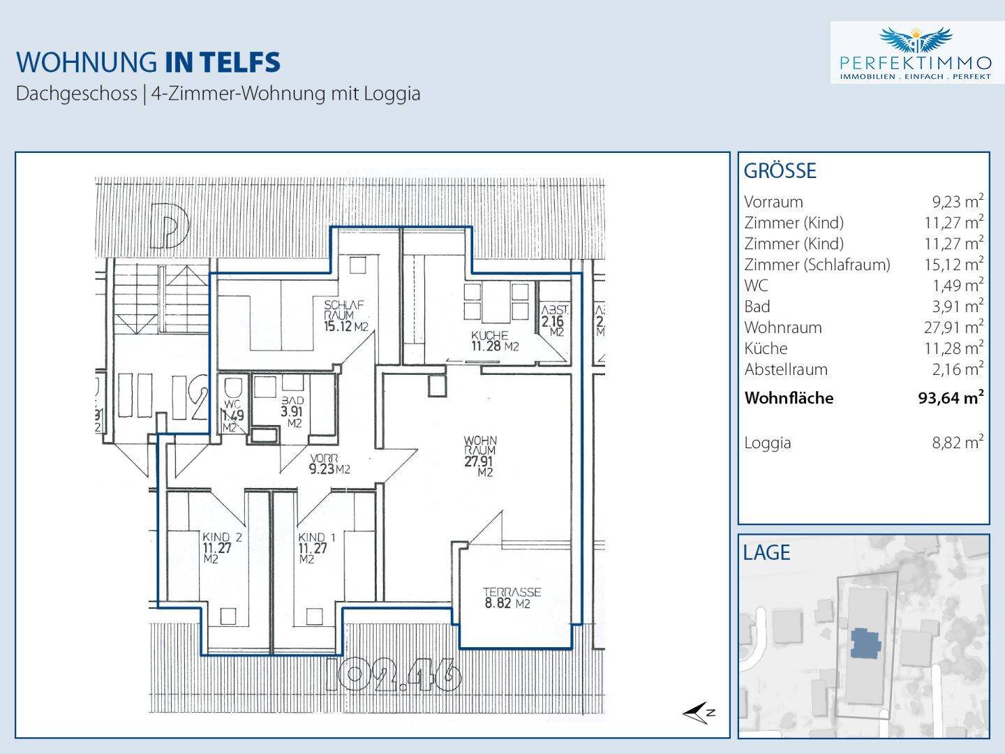 Grundriss einer 4-Zimmer-Dachgeschosswohnung mit Loggia, Bad und separatem WC.
