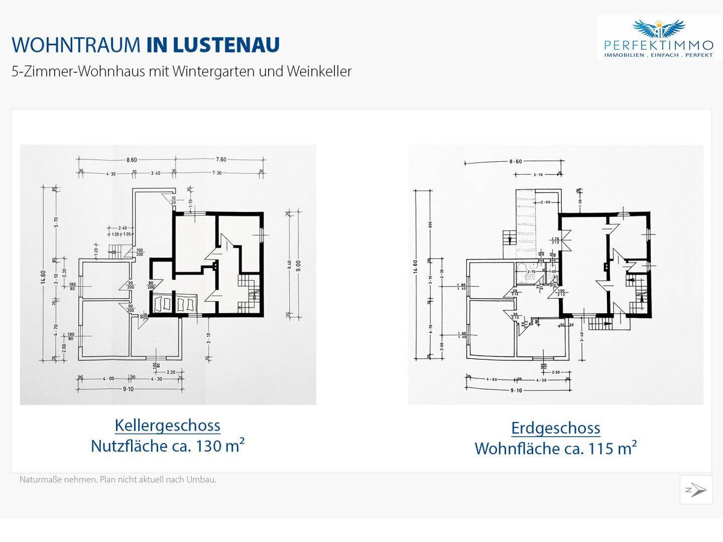 Grundrisse für Kellergeschoss und Erdgeschoss mit Flächenangaben.