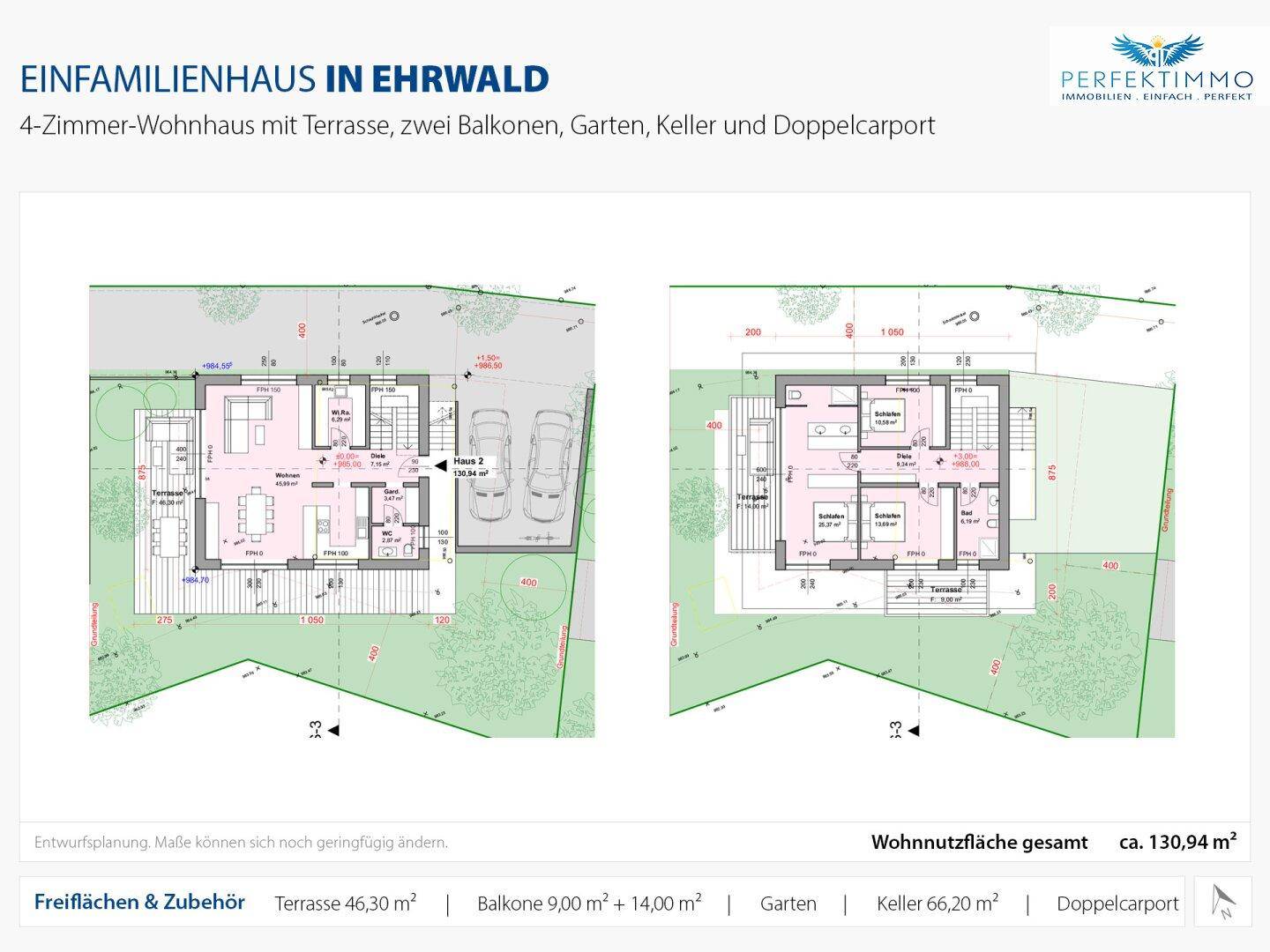 Grundrisspläne für ein Einfamilienhaus mit Terrasse, Balkonen und Doppelcarport.