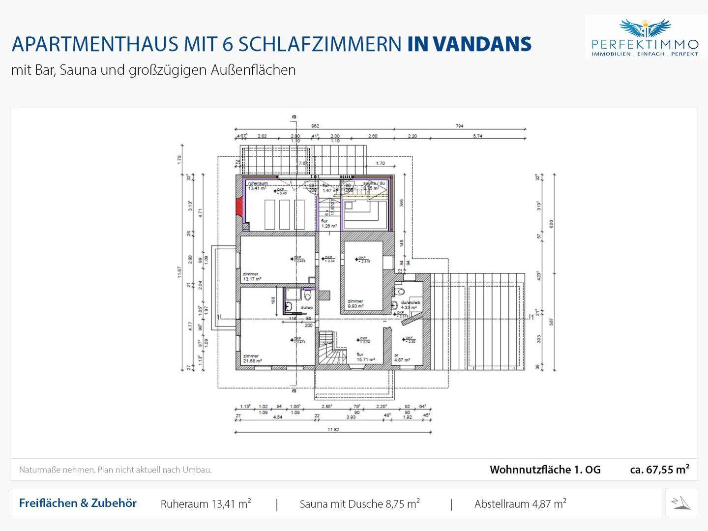 Grundriss des ersten Obergeschosses mit Sauna und Ruheraum.