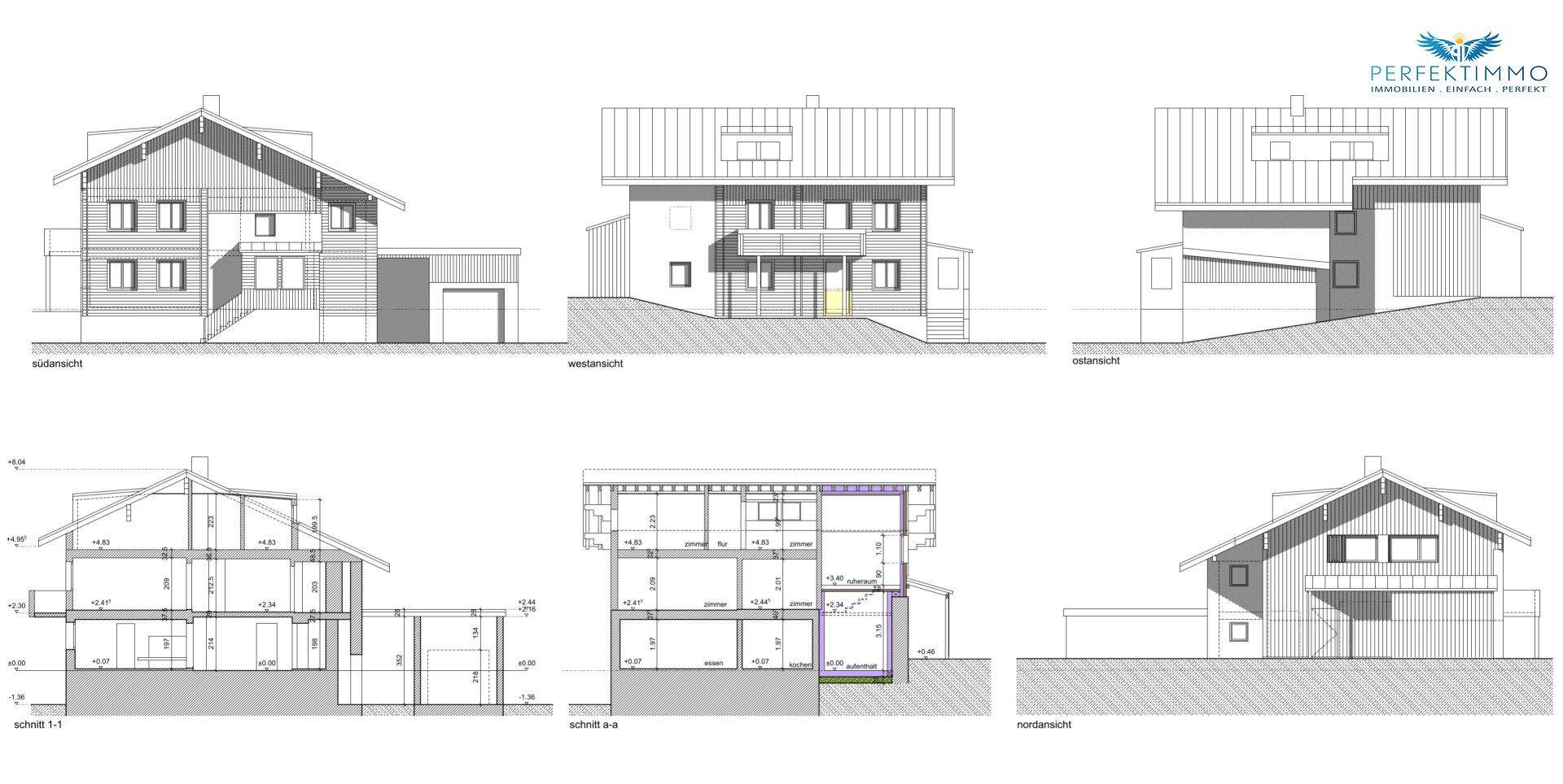 Architektonische Ansichten und Schnitte des Gebäudes.