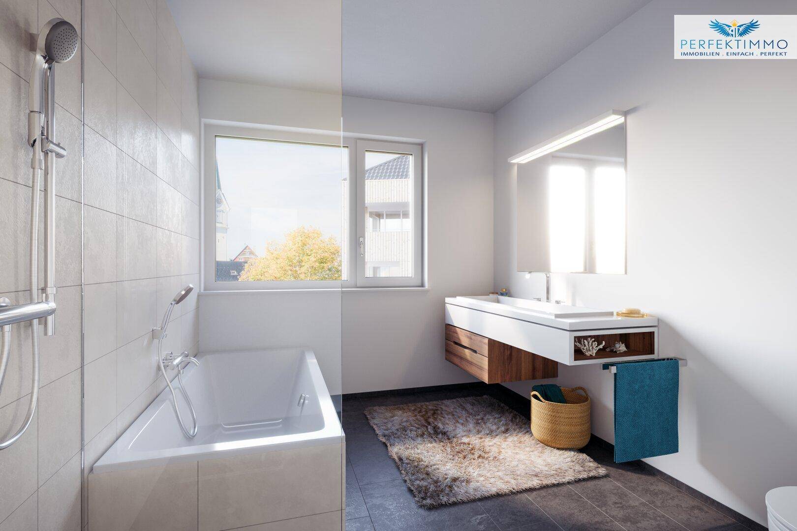 Modernes Badezimmer mit Badewanne, schwebendem Waschtisch und Fenster für Tageslicht.