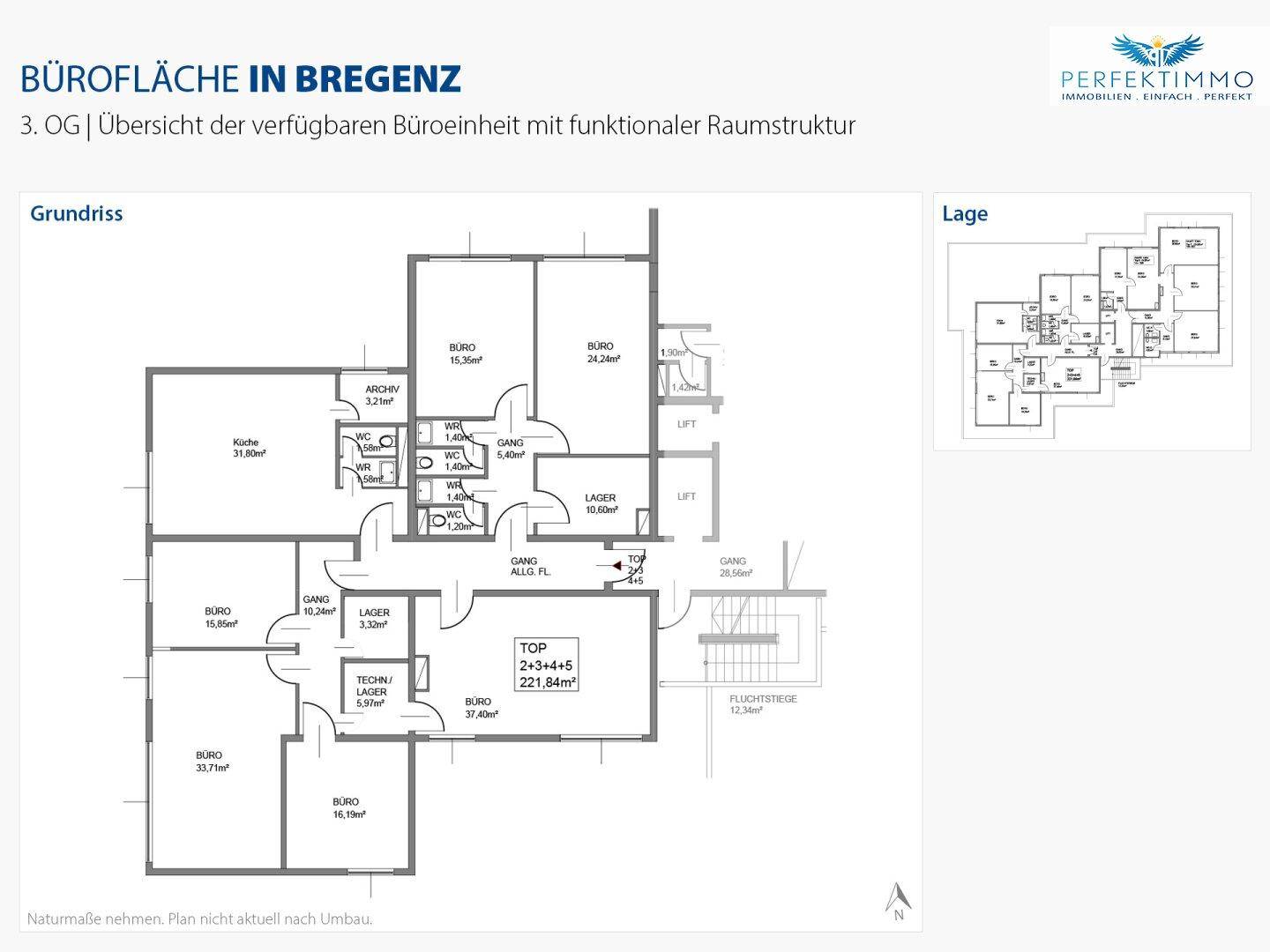 Grundriss der Bürofläche in Bregenz mit verschiedenen Büros, Lagerräumen und einem Aufzug.