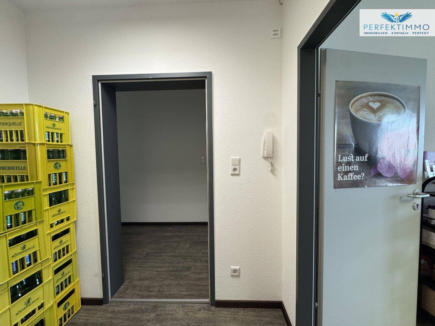 Eingangsbereich mit Zugang zu weiteren Räumen, ausgestattet mit Laminatboden und heller Wandfarbe.