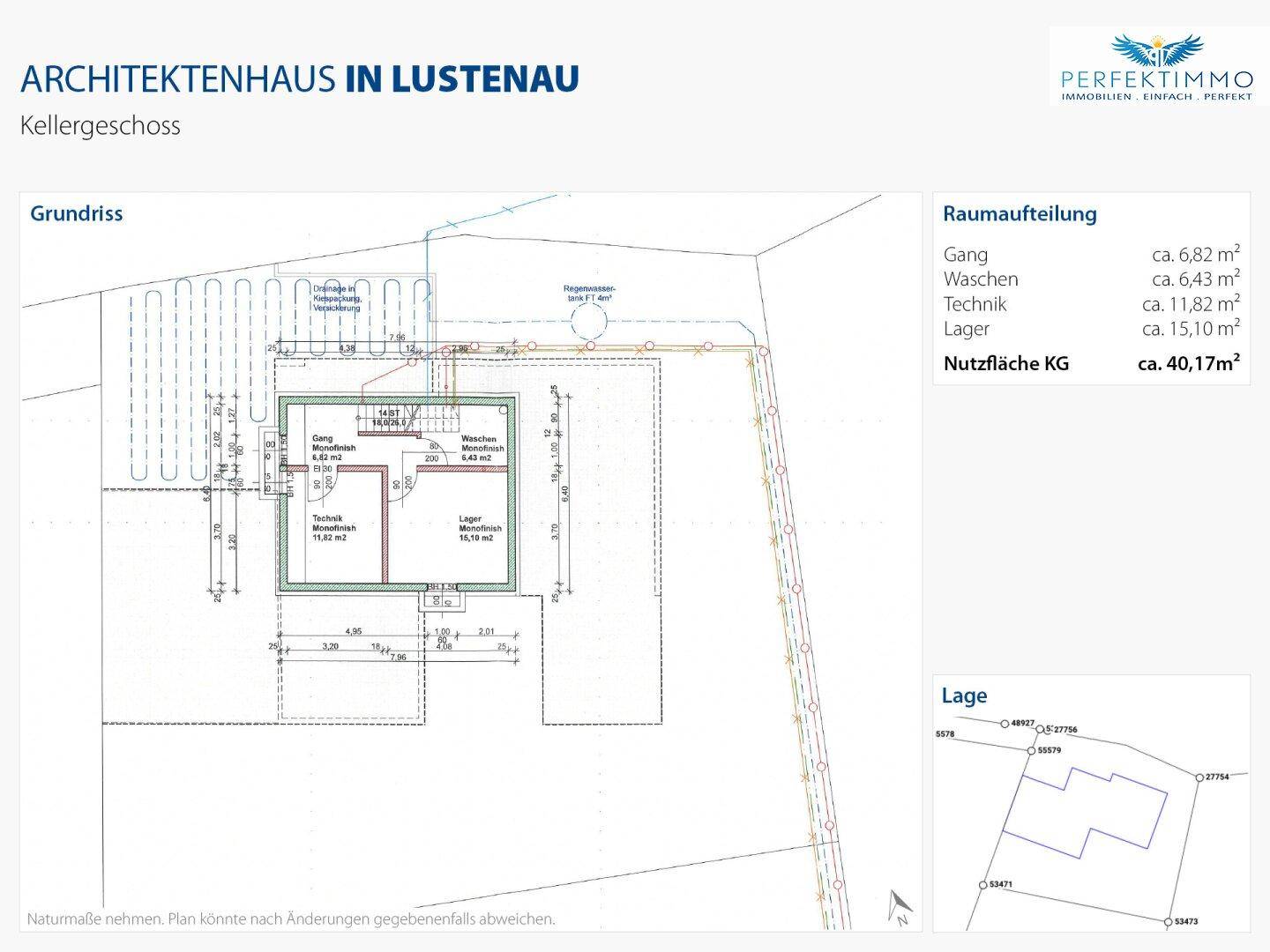 Grundriss des Kellergeschosses mit Technikraum, Lagerflächen und Waschküche.