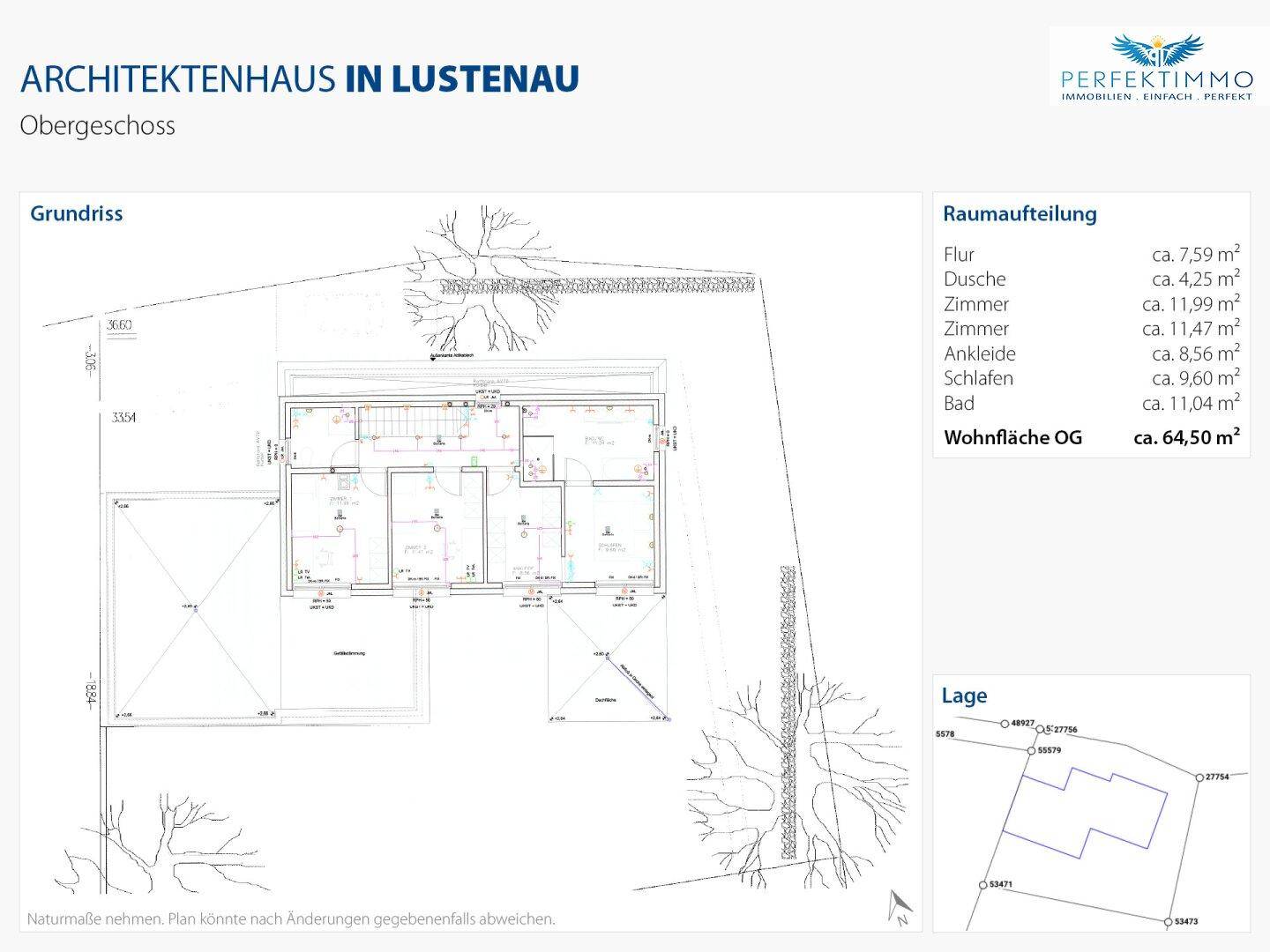 Grundriss des Obergeschosses mit Schlafzimmern, Badezimmer und einem Ankleidebereich.