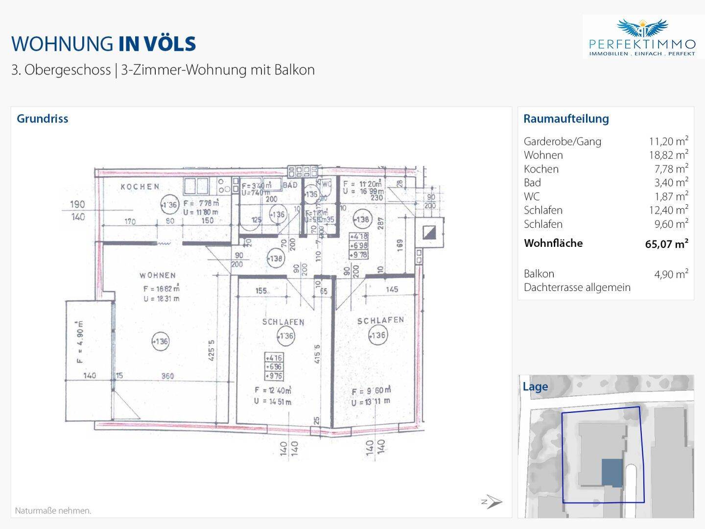 Detaillierter Grundriss einer 3-Zimmer-Wohnung in Völs mit Balkon und Raumaufteilung.