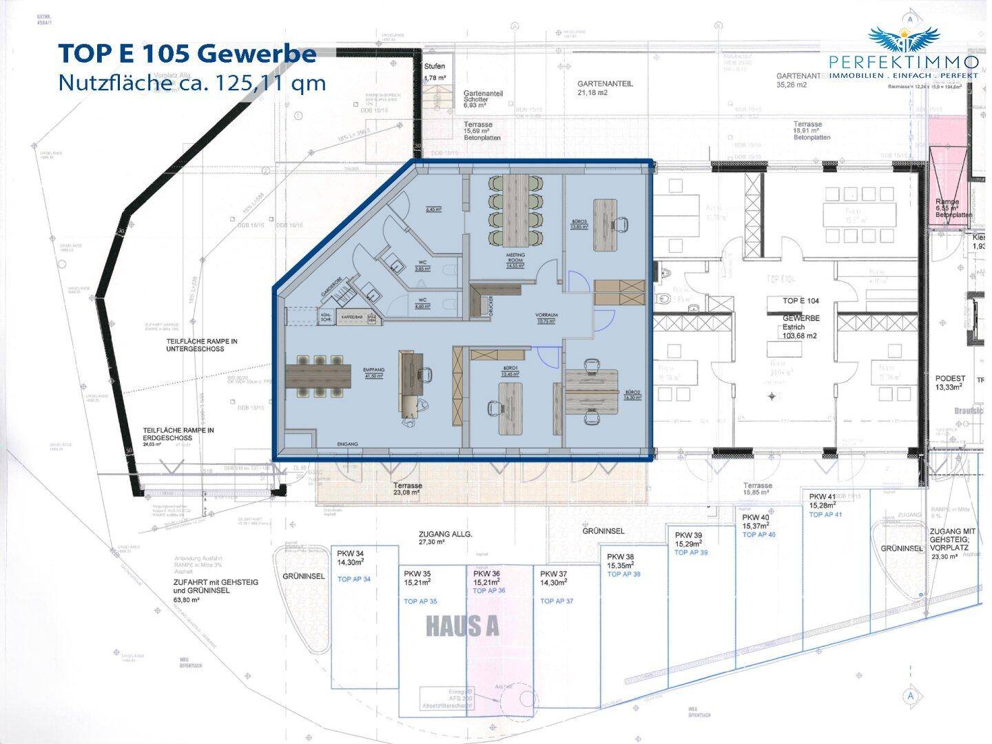 Übersichtsplan eines Gewerbekomplexes mit hervorgehobener Einheit, Tiefgaragenzufahrt und Außenbereichen.