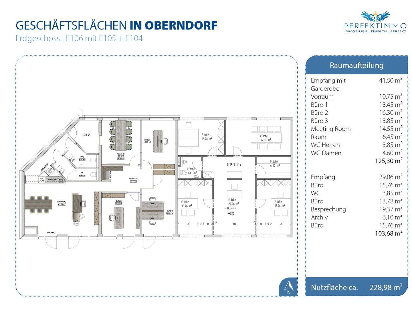 Grundriss für Geschäftsflächen in Oberndorf mit Raumaufteilung und Flächenangaben.