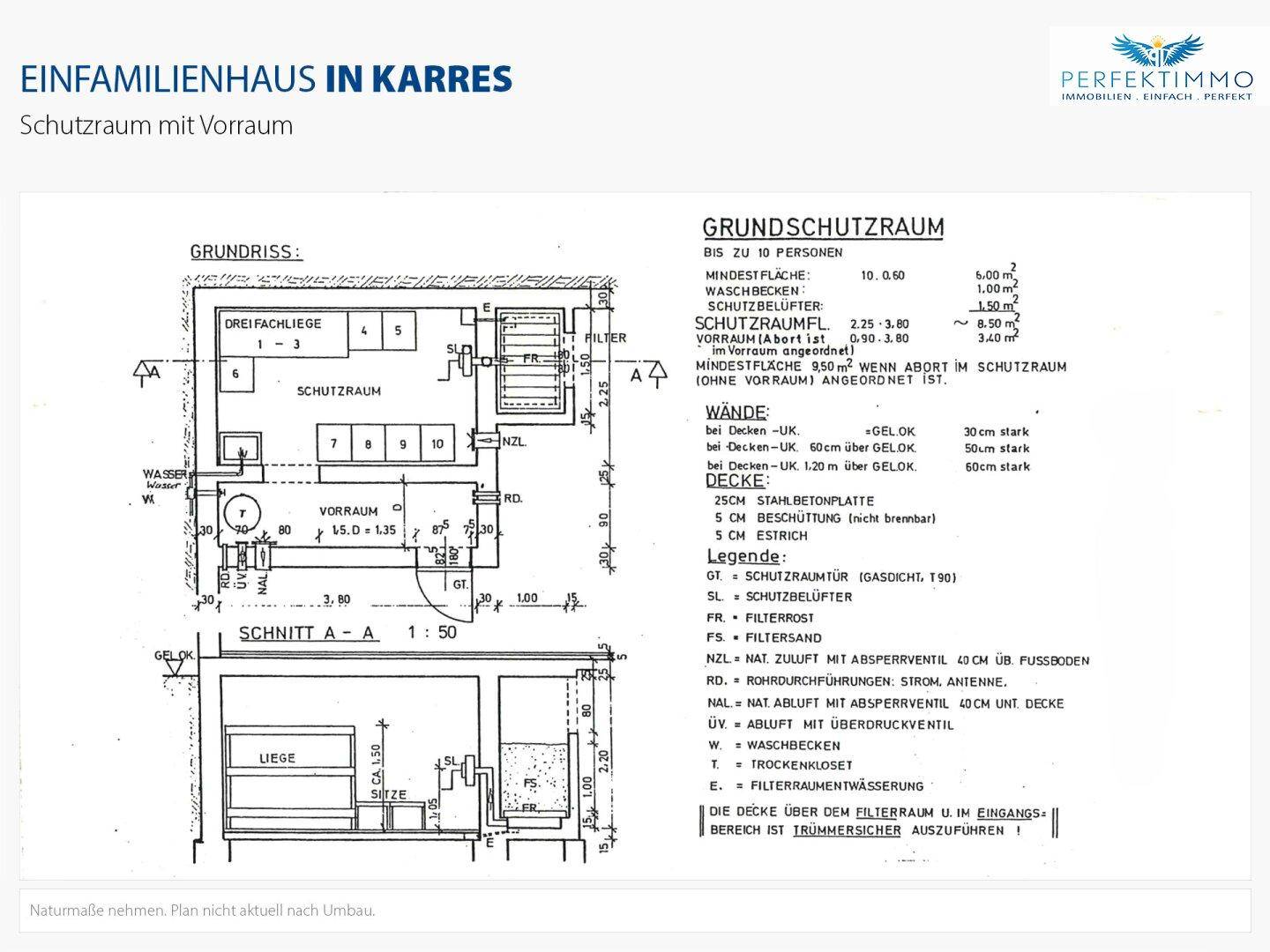 Grundriss des Schutzraums mit Vorraum und detaillierten Maßangaben für die Raumaufteilung.