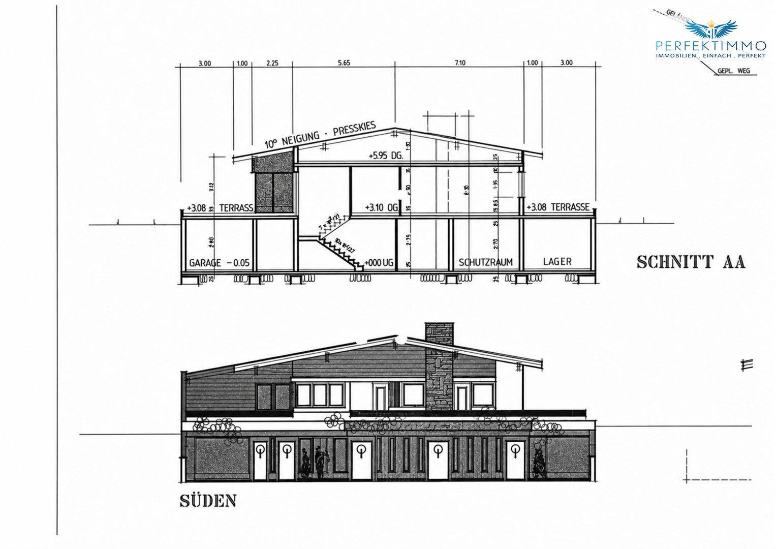 Schnittzeichnung des Hauses mit Garage, Schutzraum und Terrassen auf verschiedenen Ebenen dargestellt.