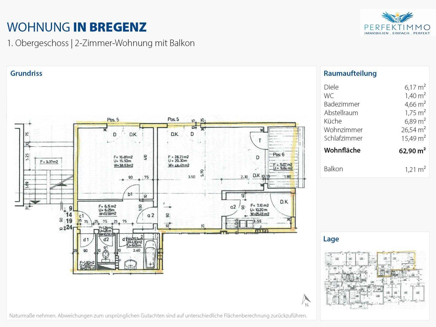 Grundriss einer 2-Zimmer-Wohnung im Obergeschoss mit Balkon und Raumaufteilung.