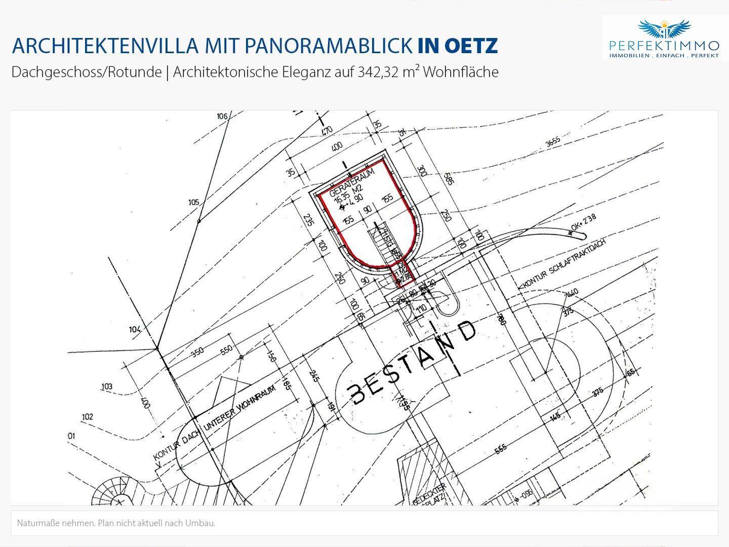 Technischer Grundriss mit Maßen und einem Geräteraum im Bestand.