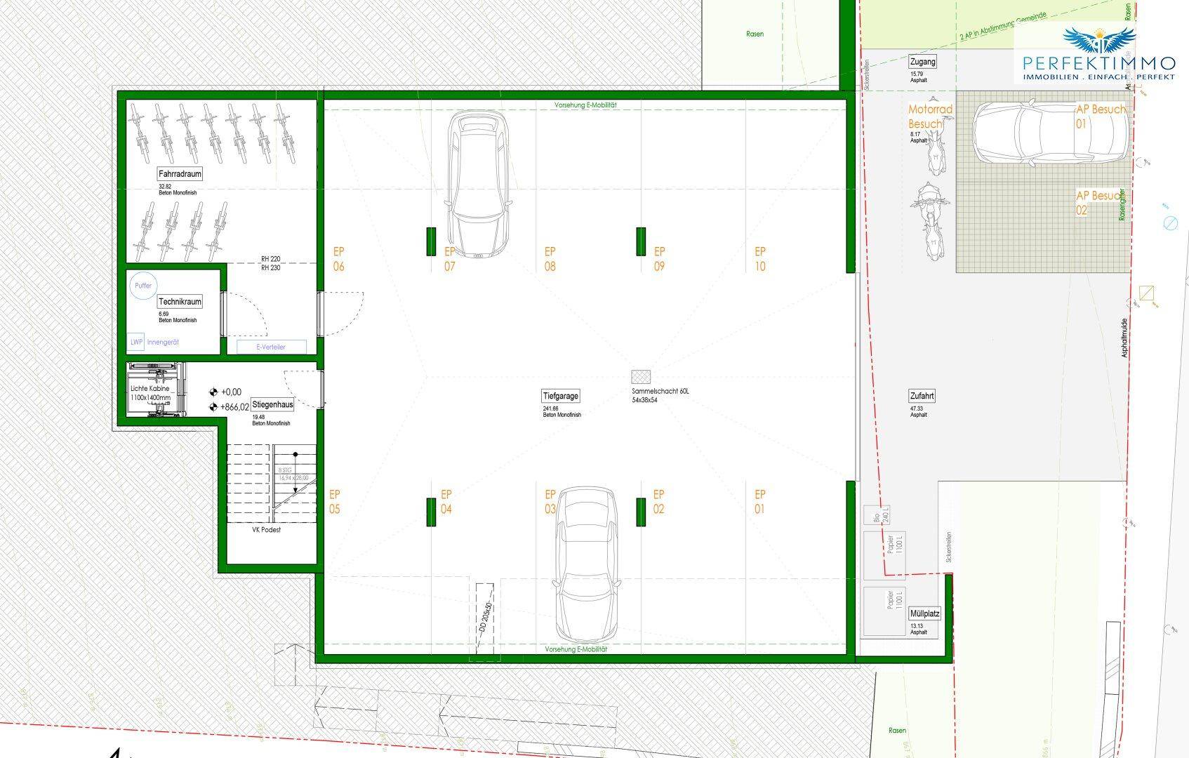 Grundriss der Tiefgarage mit Stellplätzen, Fahrradraum und Technikraum.