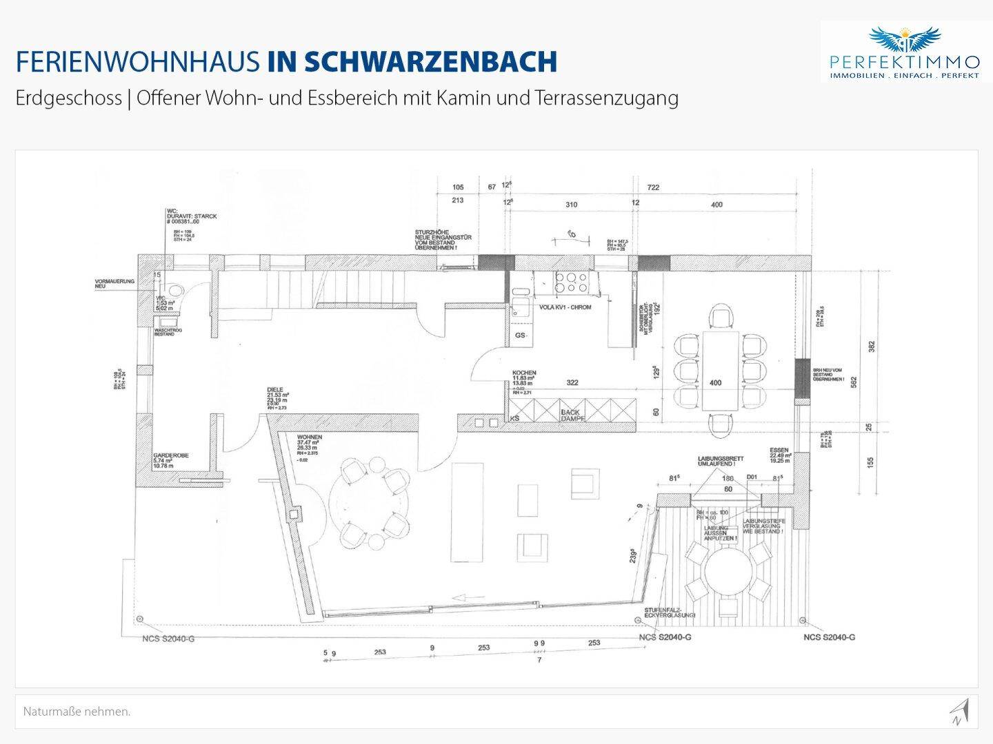 Grundriss des Erdgeschosses mit offenem Wohn- und Essbereich, Kamin und Zugang zur Terrasse.