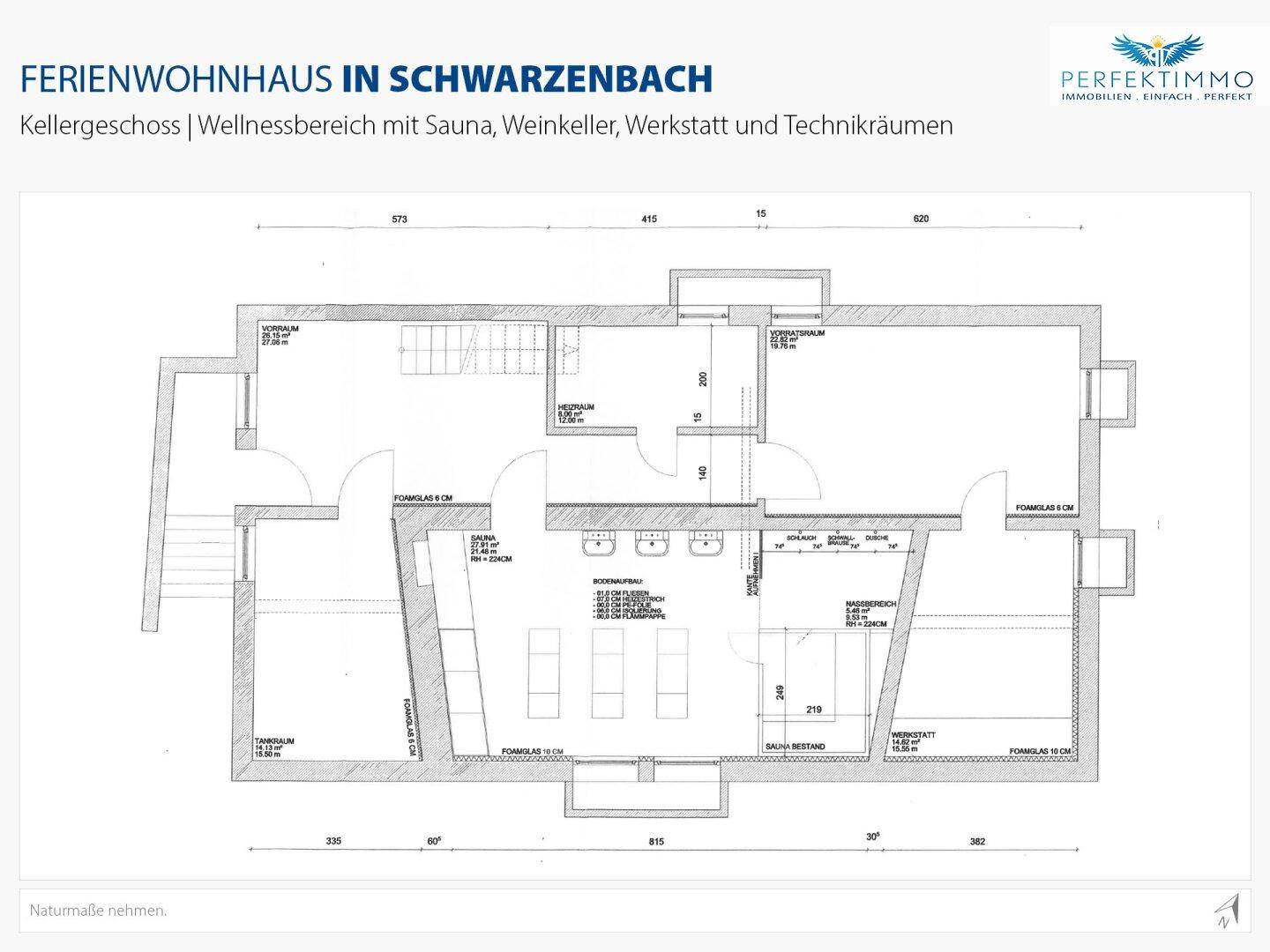 Grundriss des Kellergeschosses mit Wellnessbereich, Sauna, Weinkeller, Werkstatt und Technikräumen.