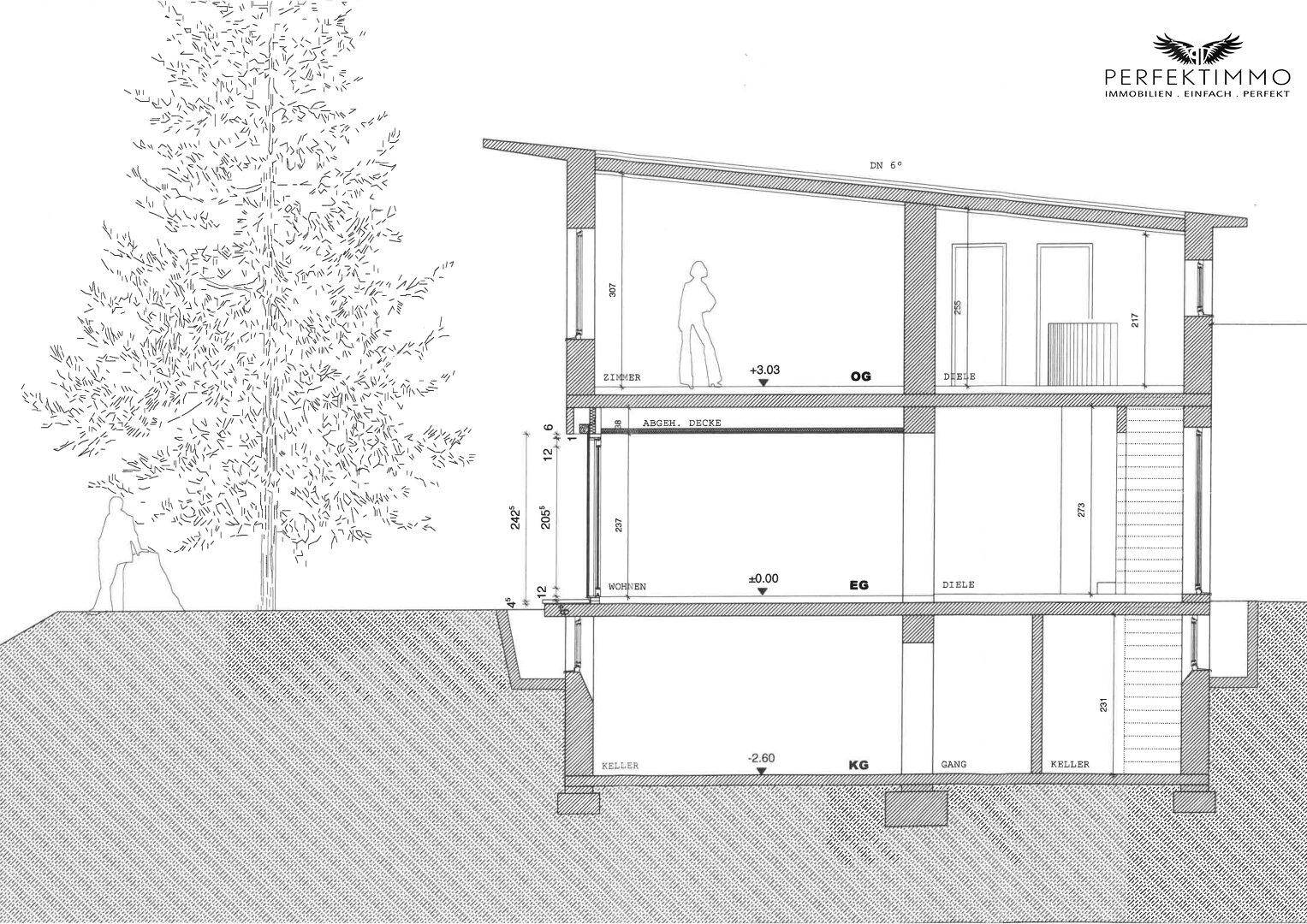 Architektonischer Schnitt des Gebäudes, der die verschiedenen Ebenen und die Dachneigung darstellt.