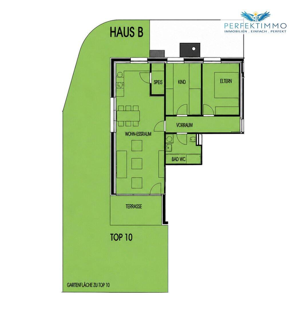 Grundriss einer Gartenwohnung mit offenem Wohn-Essbereich, Terrasse und privater Gartenfläche.