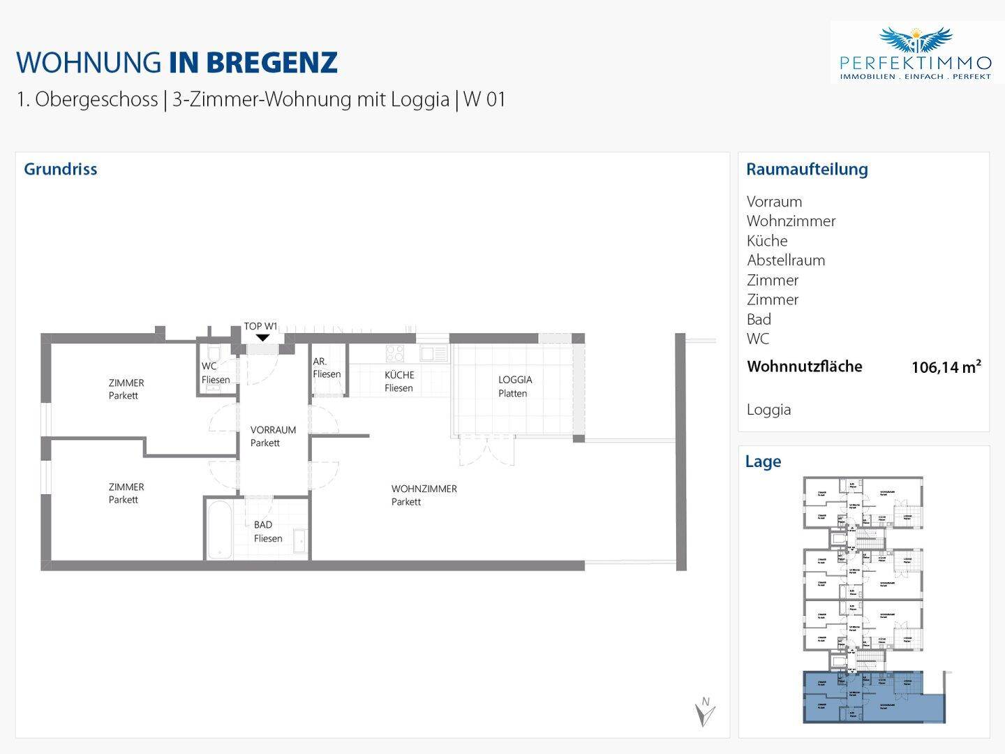 Grundriss einer 3-Zimmer-Wohnung im ersten Obergeschoss mit Loggia in Bregenz.