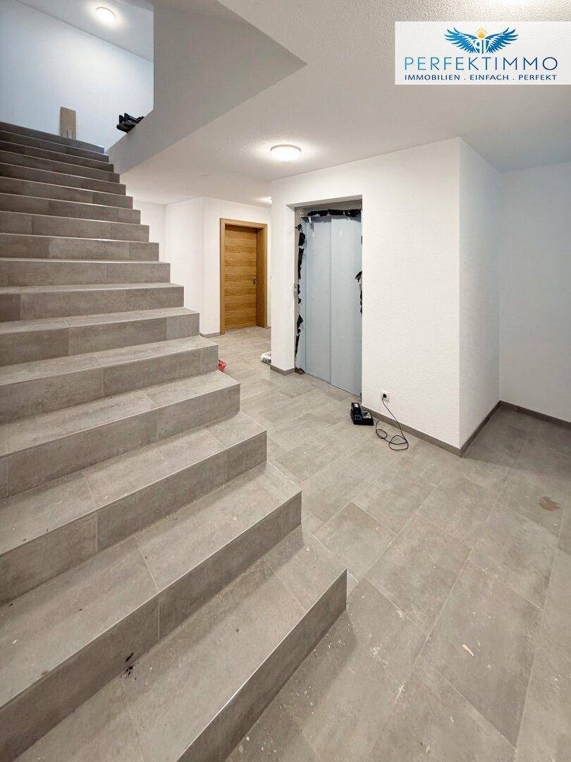 Heller Eingangsbereich mit moderner Steintreppe und Fliesenboden, führt zu weiteren Räumen.