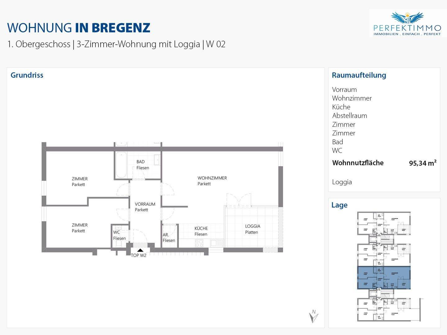 Grundriss einer 3-Zimmer-Wohnung mit Loggia in Bregenz, 1. Obergeschoss.