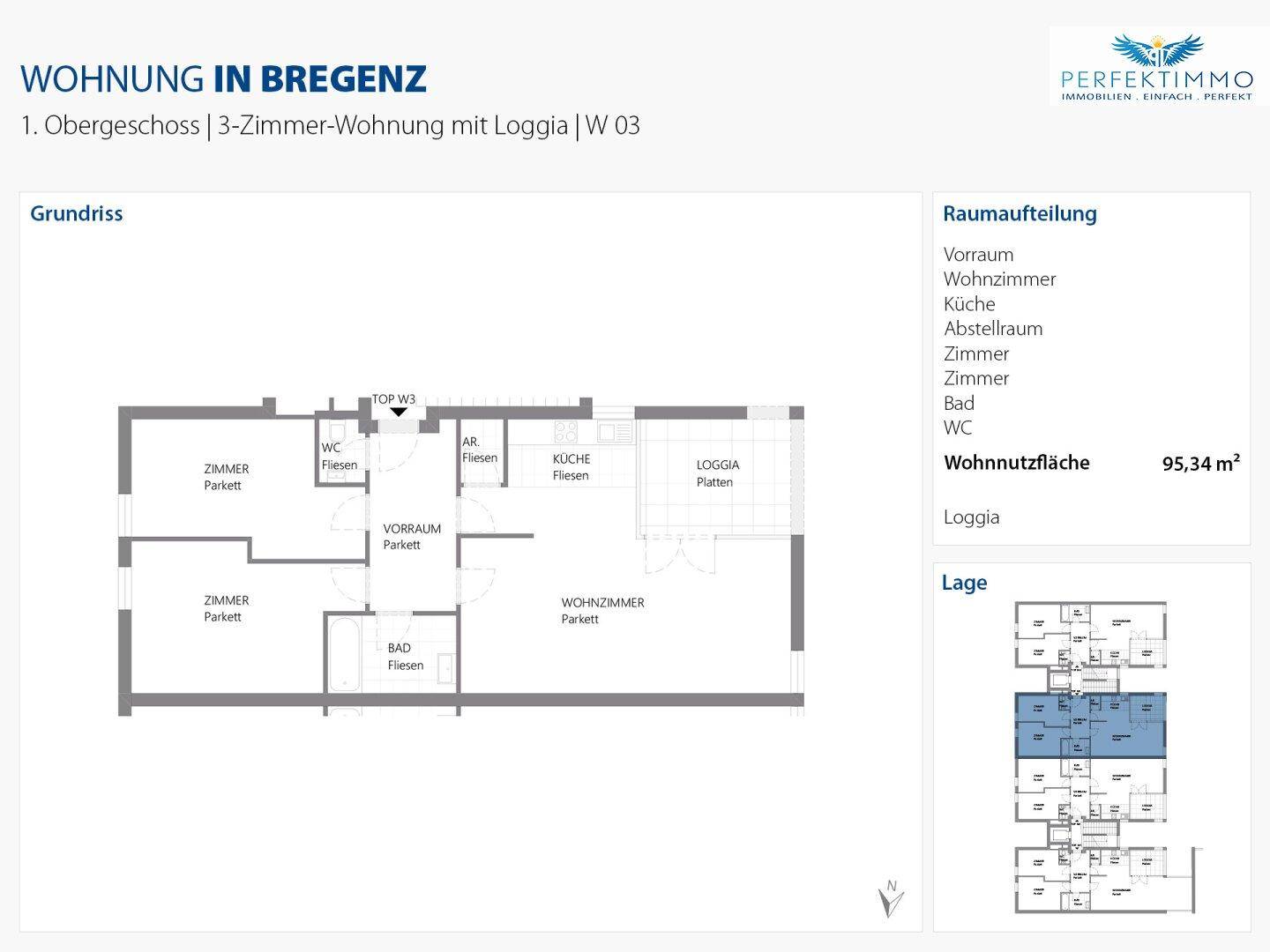 Grundriss einer 3-Zimmer-Wohnung im ersten Obergeschoss mit Loggia.