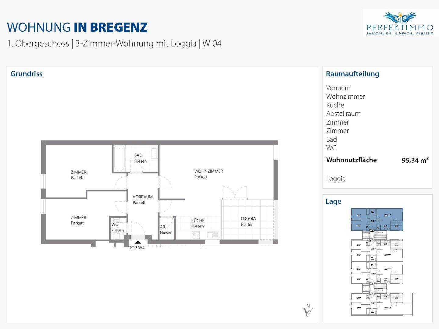 Grundriss einer 3-Zimmer-Wohnung im Obergeschoss mit Loggia und separatem WC.