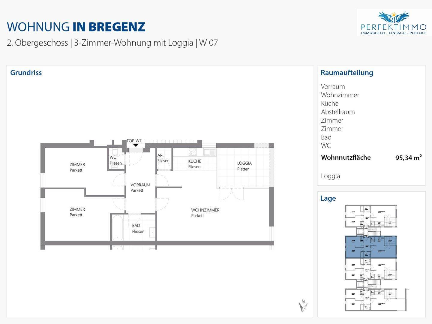 Grundriss einer 3-Zimmer-Wohnung im 2. Obergeschoss mit separatem WC, Bad und Loggia.