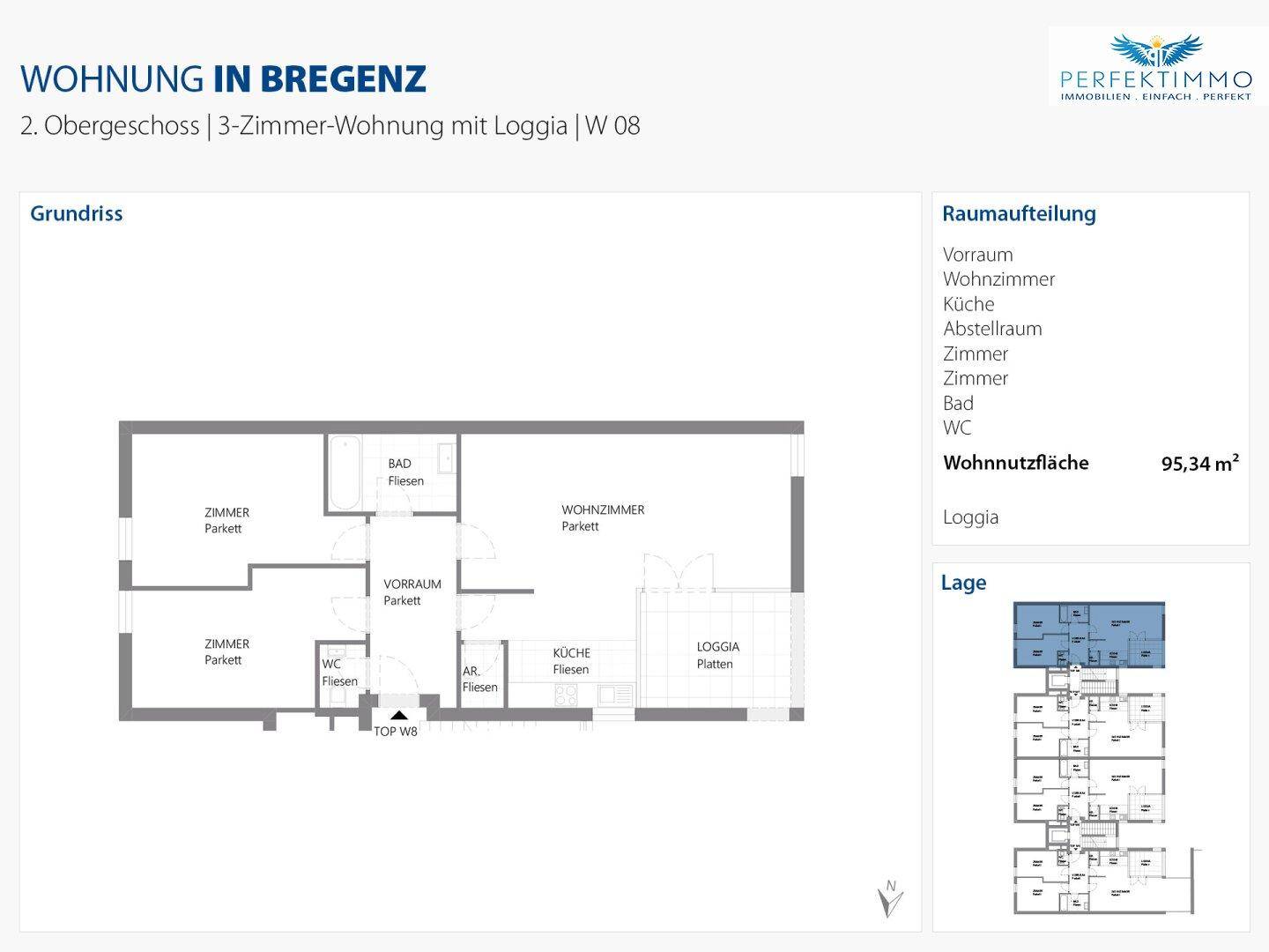 Grundriss einer 3-Zimmer-Wohnung mit Loggia in Bregenz, zeigt die Raumaufteilung und Wohnnutzfläche.