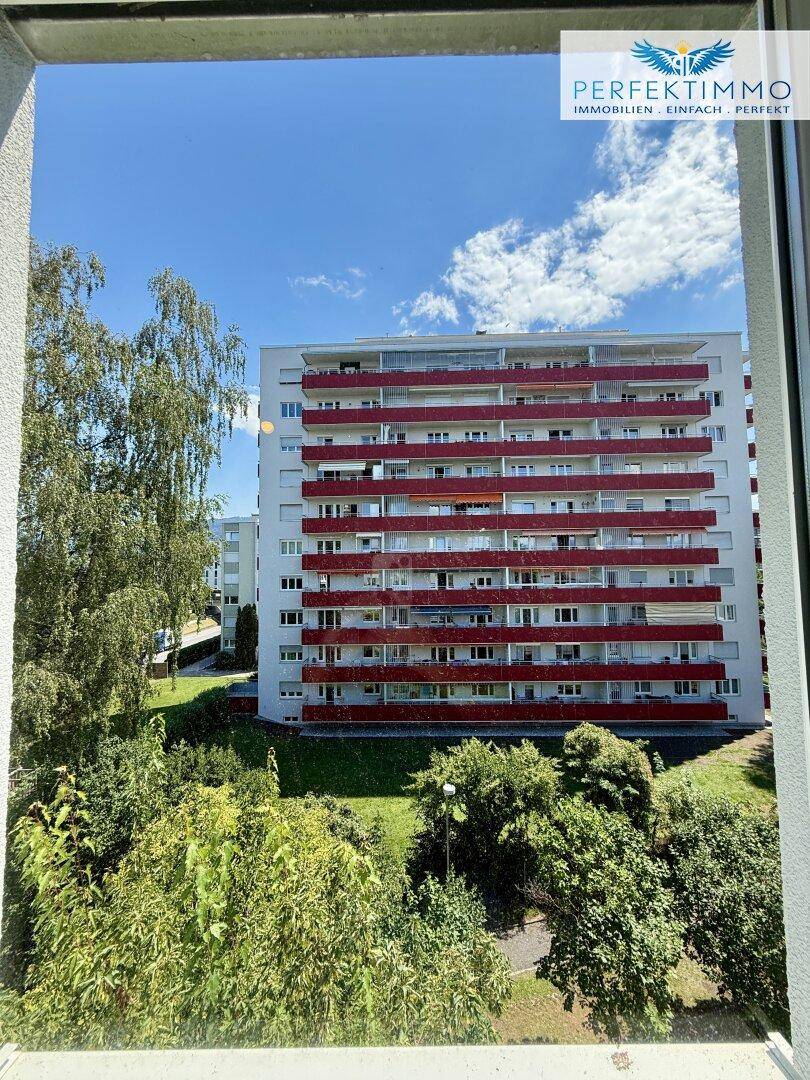 Blick aus dem Fenster auf ein gegenüberliegendes Wohngebäude und grüne Bäume.