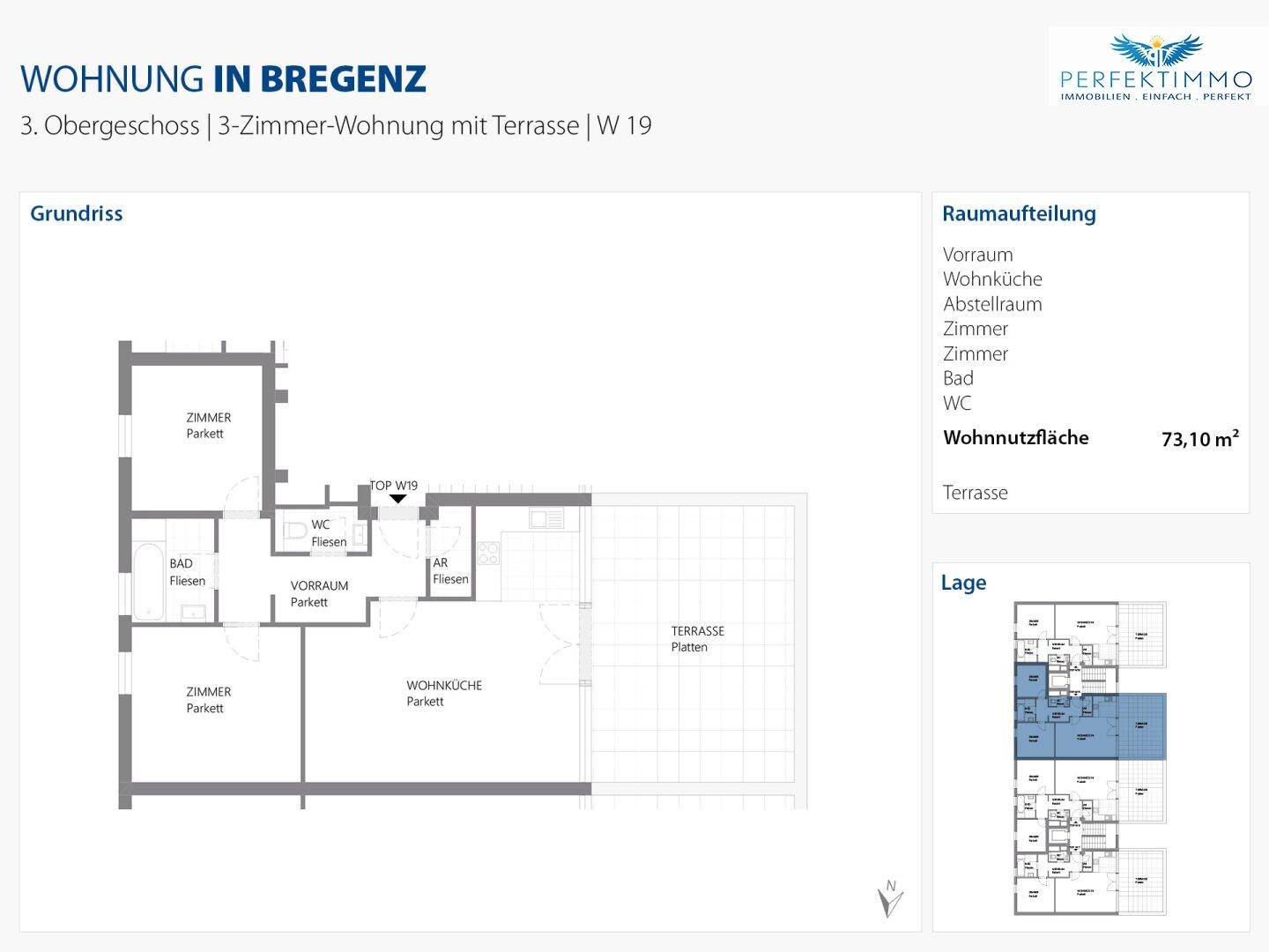 Grundriss einer 3-Zimmer-Wohnung im 3. Obergeschoss mit Terrasse.