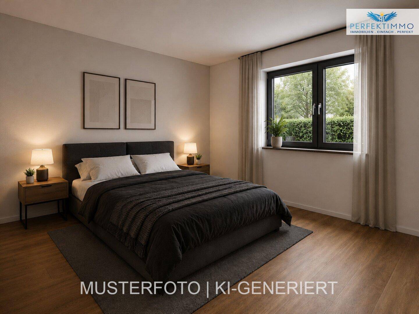 Modernes Schlafzimmer mit großem Bett, Nachttischen und einem Fenster mit Blick ins Grüne.