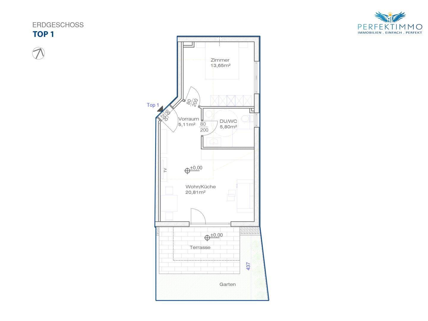 Grundriss des Erdgeschosses mit offenem Wohn-/Küchenbereich, einem Zimmer, Terrasse und Garten.