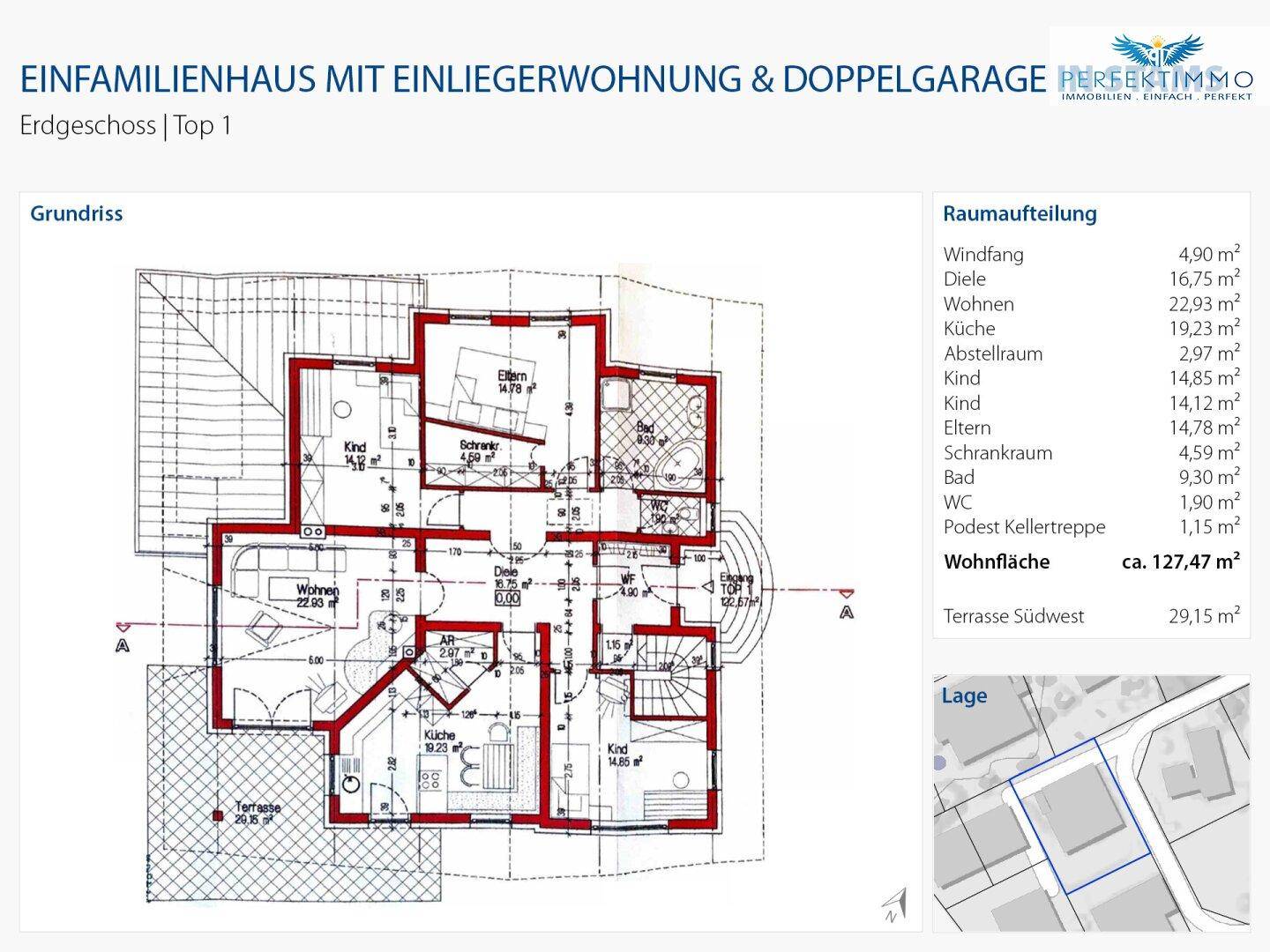 Grundriss des Erdgeschosses mit Raumaufteilung und Flächenangaben für Top 1.
