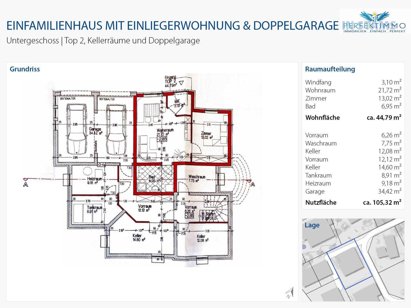 Grundriss des Untergeschosses mit Kellerräumen, Doppelgarage und Raumaufteilung für Top 2.