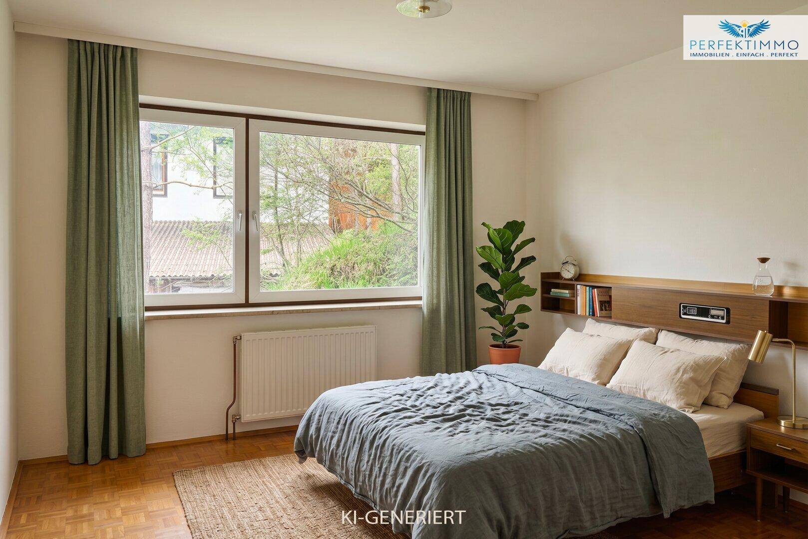 Helles Schlafzimmer mit Parkettboden, großem Fenster und Blick ins Grüne, modern eingerichtet.